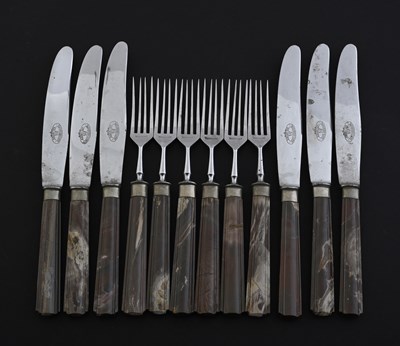 Lot 4 - A six-place setting of agate-handled cutlery,...