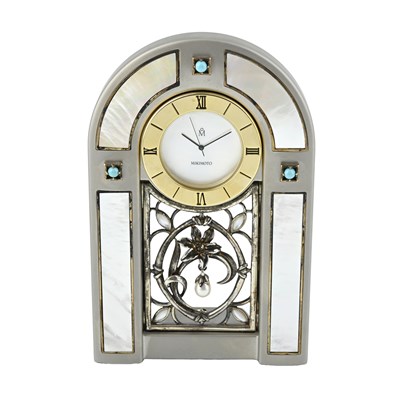 Lot 310 - Mikimoto, a mother-of-pearl, cultured pearl and reconstituted turquoise mantle clock