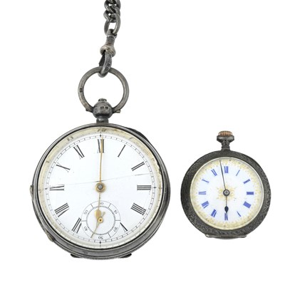 Lot 321 - Two Edwardian silver fob watches and a silver Albert chain