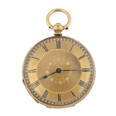 Lot 238 - A yellow metal gold open face key wind fob...