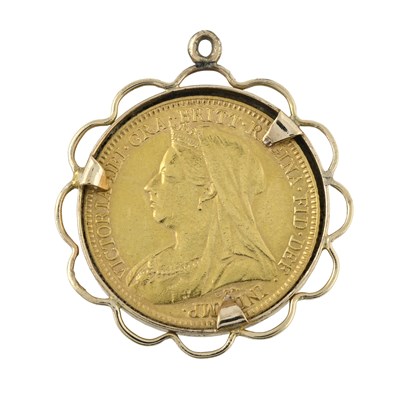 Lot 277 - An 1896 22ct gold half sovereign coin, in a 9ct gold mount