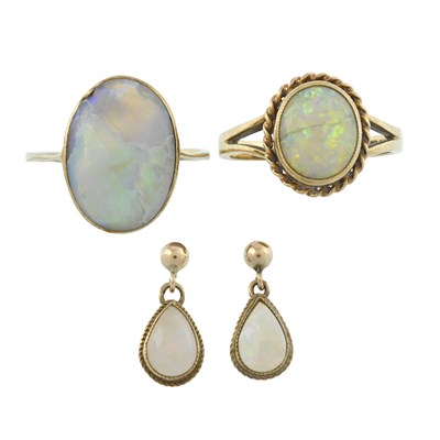 Lot 246 - Two opal single stone rings and a pair of 9ct gold opal drop earrings