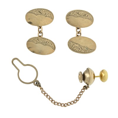 Lot 269 - A pair of 9ct gold oval cufflinks and a 9ct gold pin with safety chain
