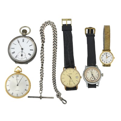 Lot 319 - Three wristwatches, two fob watches and an early 20th century silver Albert chain
