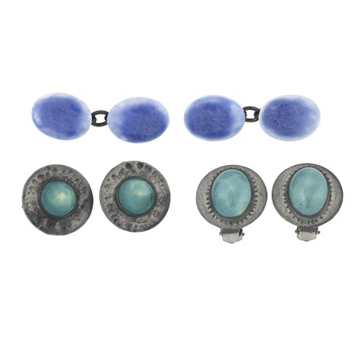 Lot 294 - Ruskin, a pair of Arts and Crafts blue hued...