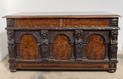Lot 438 - A late 17th century joined oak chest: a hinged...
