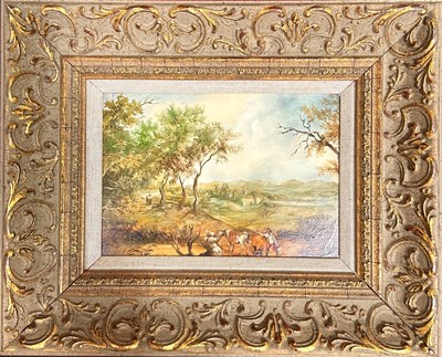 Lot 355 - A countryside scene with a farmer and animals...