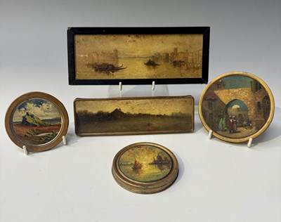 Lot 171 - Five paintings on tin lids or food container...
