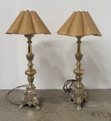 Lot 175 - A pair of silvered brass cast table lamps,...