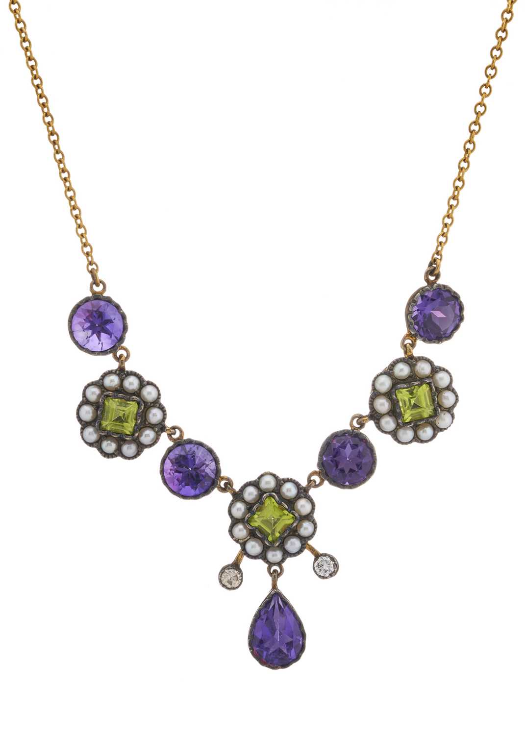 Lot 96 - A 9ct gold and silver, amethyst, peridot, pearl and diamond necklace