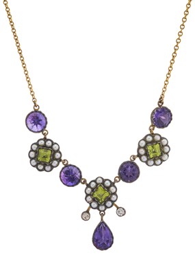 Lot 96 - A 9ct gold and silver, amethyst, peridot, pearl and diamond necklace