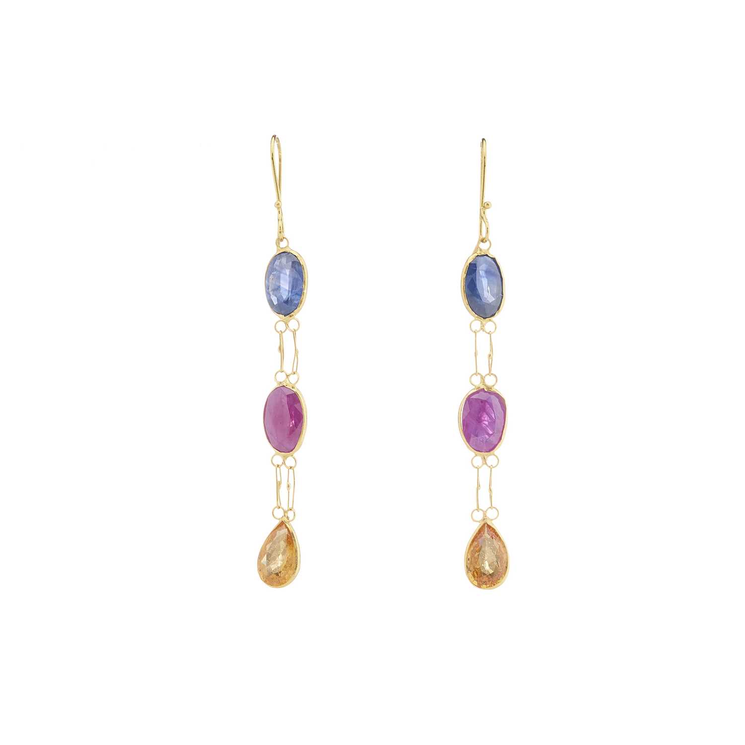 Lot 28 - A pair of 14ct gold sapphire drop earrings