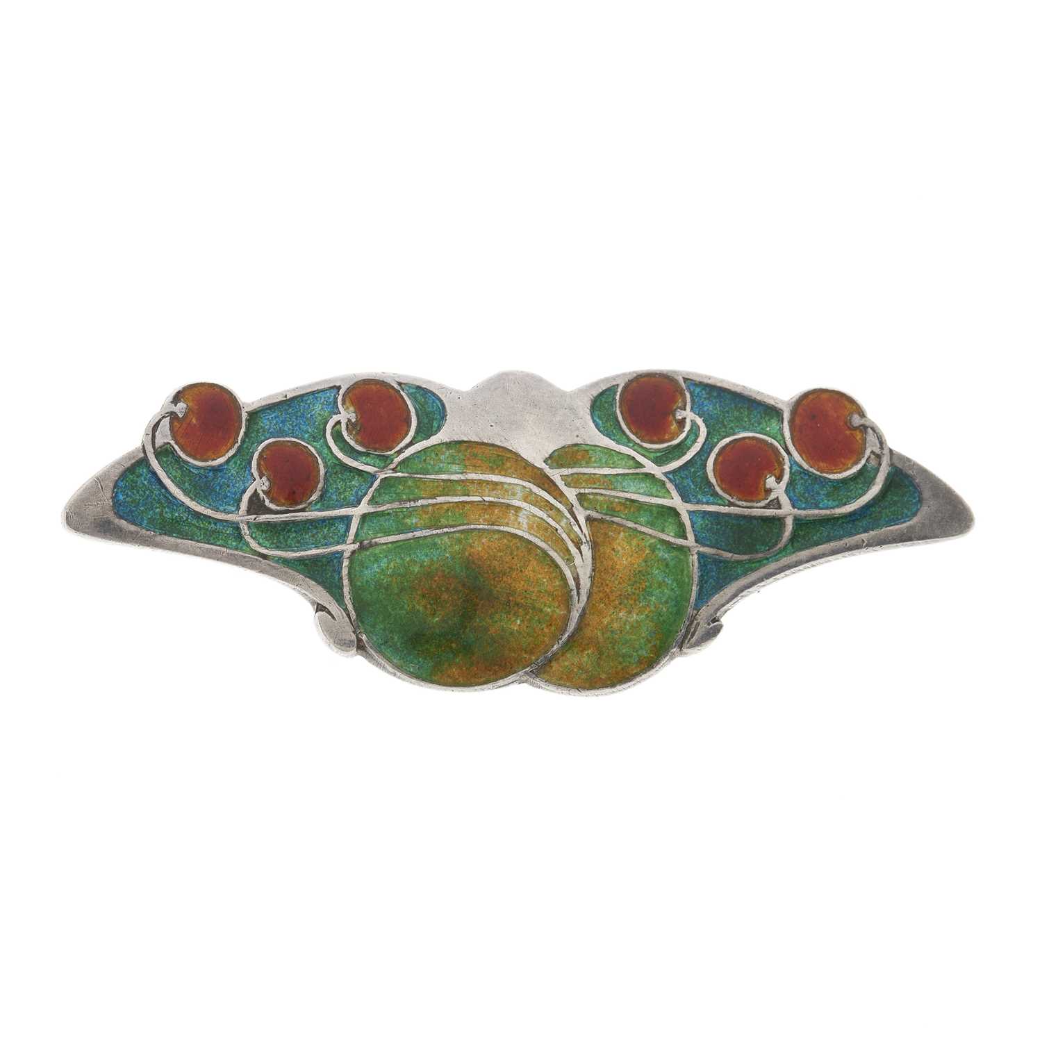 Lot 89 - Archibald Knox for Liberty & Co., an Arts & Crafts silver and polychrome enamel Cymric brooch