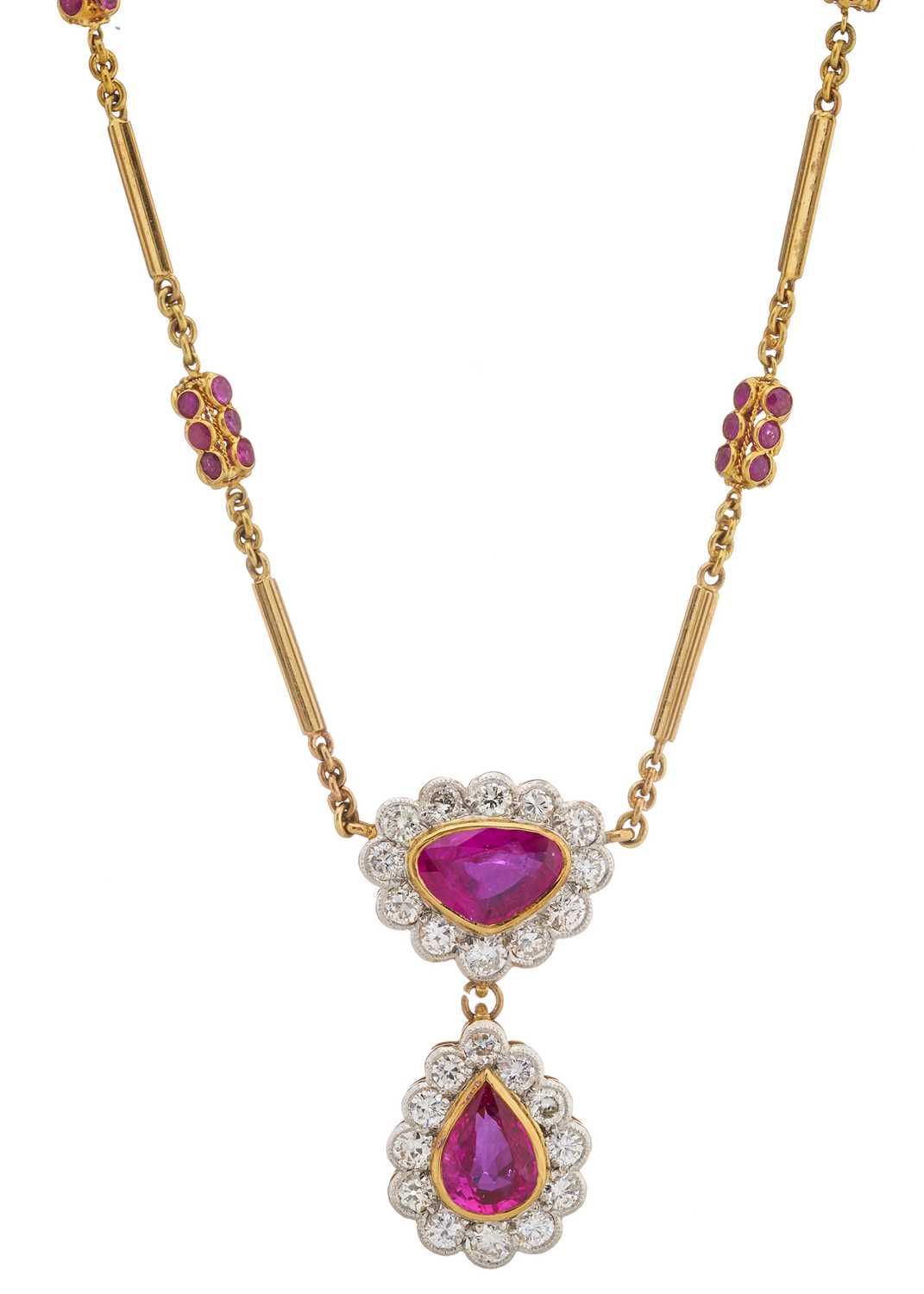 Lot 64 - A gold ruby and diamond cluster drop necklace