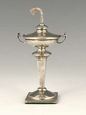 Lot 432 - A George V silver novelty wick lamp, modelled...