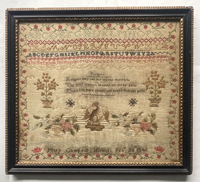 Lot 204 - An early Victorian textile sampler, strawberry...
