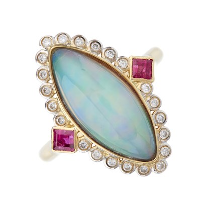 Lot 33 - An 18ct gold opal cabochon and brilliant-cut...