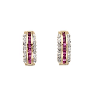 Lot 39 - A pair of 14ct gold calibre-cut ruby half hoop...