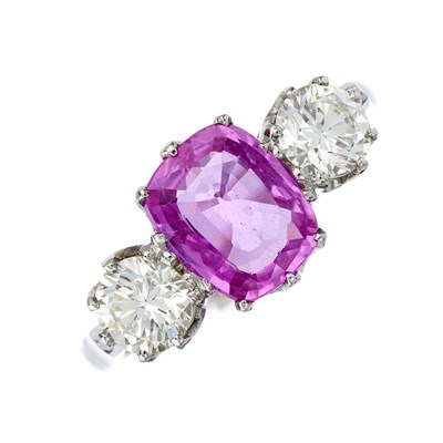 Lot 105 - A platinum cushion-shape pink sapphire and...