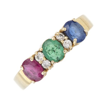 Lot 113 - An 18ct gold oval-shape ruby, sapphire and...