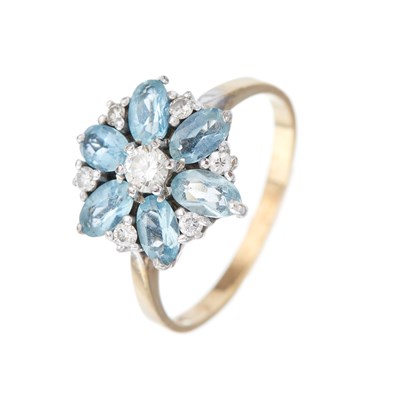 Lot 140 - A 9ct gold oval-shape aquamarine and brilliant-...